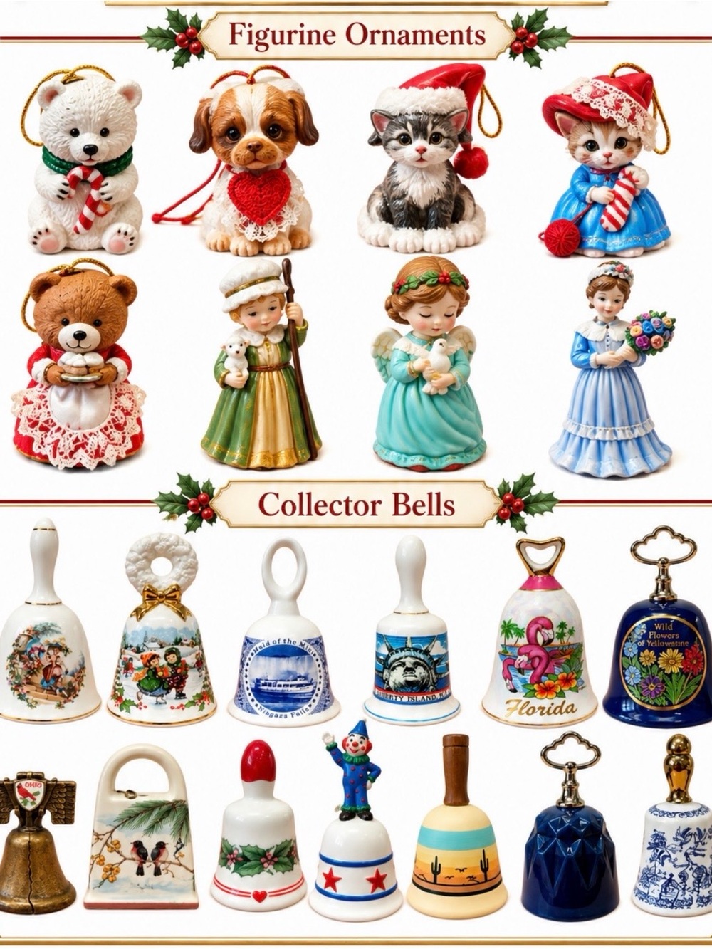Porcelain Christmas Collection Figurine Ornaments & Bells